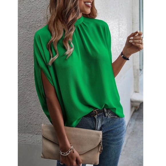 Rouge! Tops - Green Blouse Top Flowy, High Neck